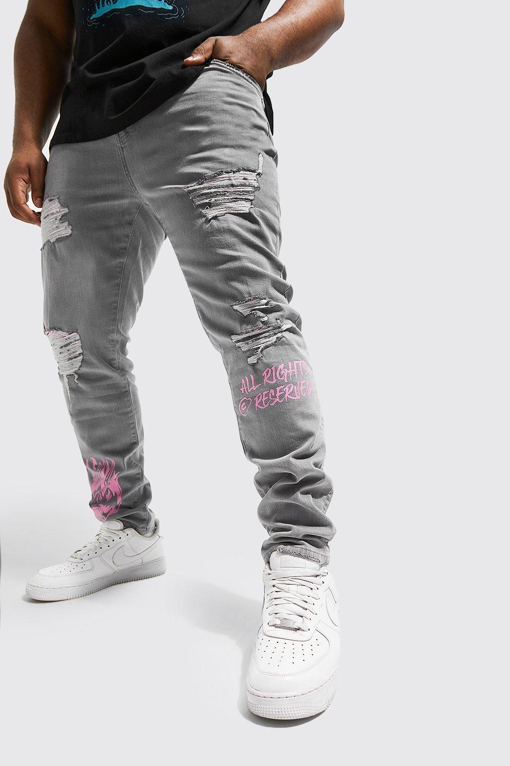 Mens Grey Plus Skinny Bandana Rip Graffiti Jeans, Grey